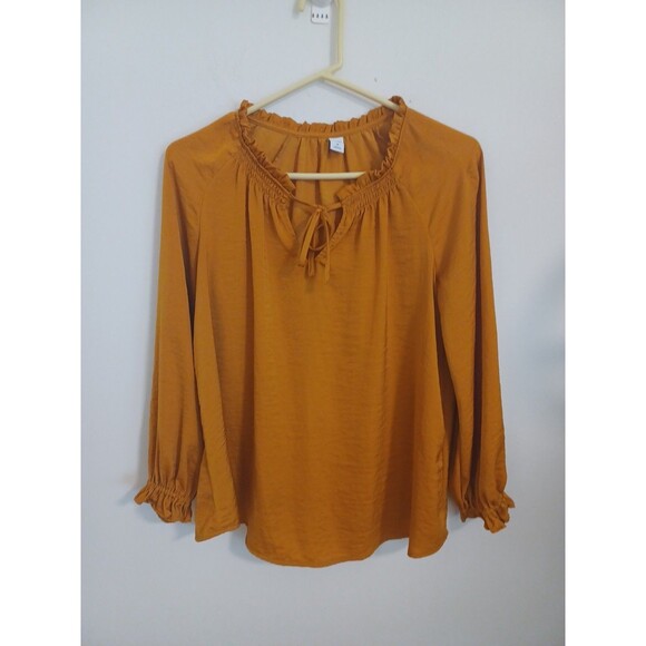 Old Navy Pullover Knit Top M Mustard Yellow Longsleeve Ruffled Boho Peasant - Picture 1 of 8